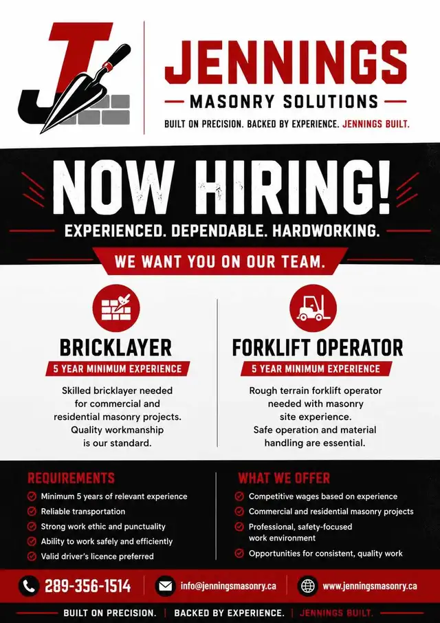 NOW HIRING – EXPERIENCED BRICKLAYER & FORKLIFT OPERATOR