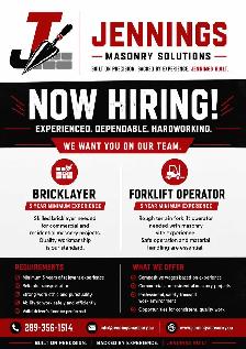 NOW HIRING – EXPERIENCED BRICKLAYER & FORKLIFT OPERATOR