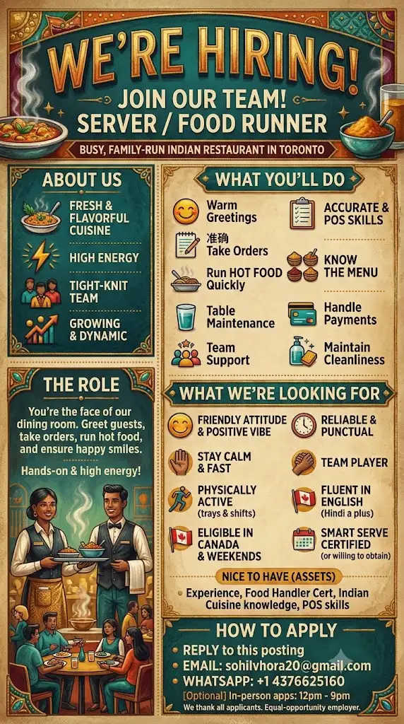 Now Hiring! SERVER / FOOD RUNNER — Indian Restaurant