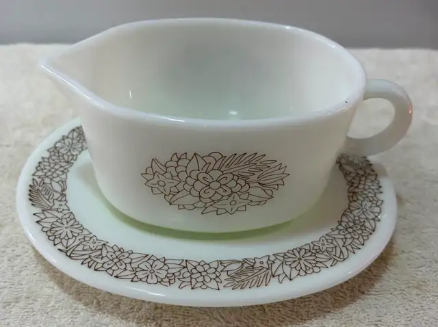 Vintage Pyrex Woodland Milk Glass Gravy Boat and Under Plate Set