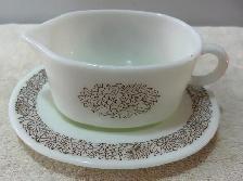 Vintage Pyrex Woodland Milk Glass Gravy Boat and Under Plate Set