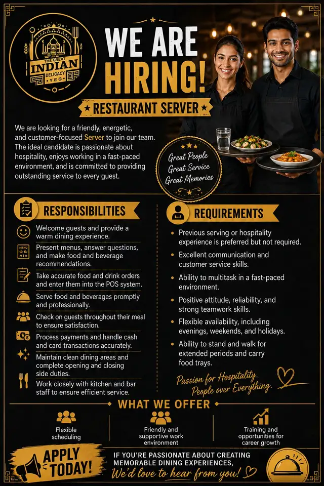Hiring Servers/Kitchen Helpers