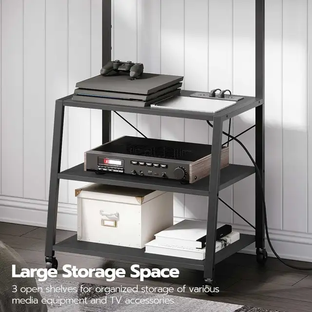 Rolling 3-Shelf TV Stand with 3 shelves and 4 power outlets