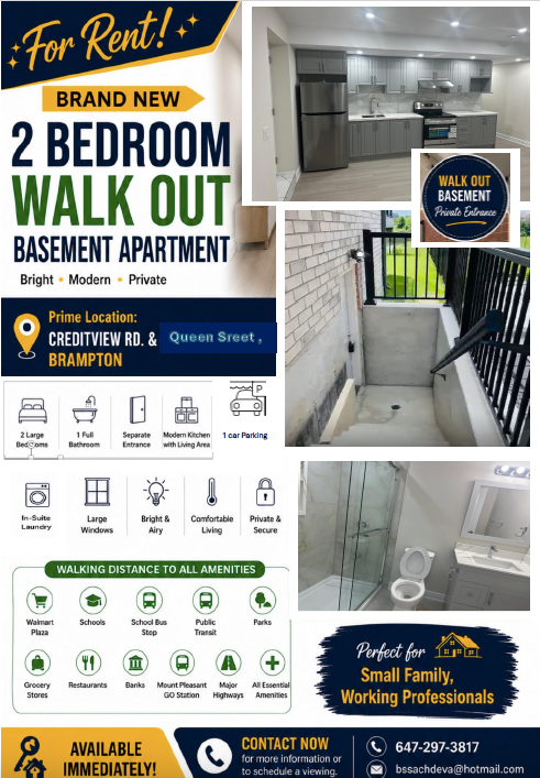 Brand New 2 Bedroom LEGAL Walk-Out Basement for Rent – Brampton