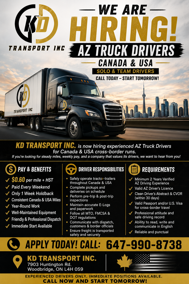 AZ TRUCK DRIVERS WANTED – CANADA & USA CROSS-BORDER RUNS