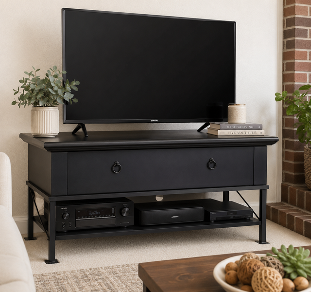 Upcycled Black Console/Media Table – with a drawer and a shelf