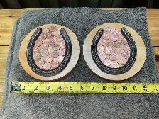 2 Antique Lucky Horseshoes with Canadian Pennies on Wood Plaque