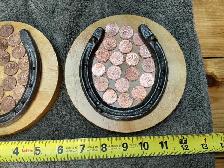 2 Antique Lucky Horseshoes with Canadian Pennies on Wood Plaque - Photo 3