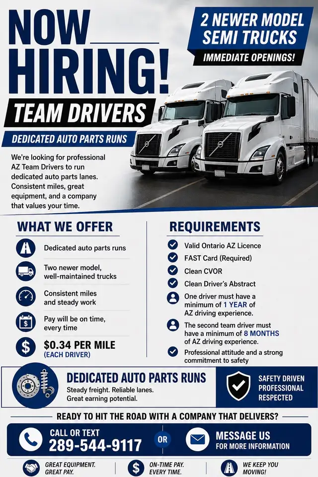 Hiring team drivers for dedicated auto parts runs