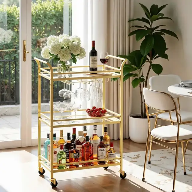 3-Tier Bar Cart with Wine Rack and Glass Holder