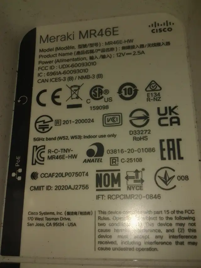 Cisco Meraki MR46E Wi-Fi 6 Access Point 802.11ax Cloud Access Po