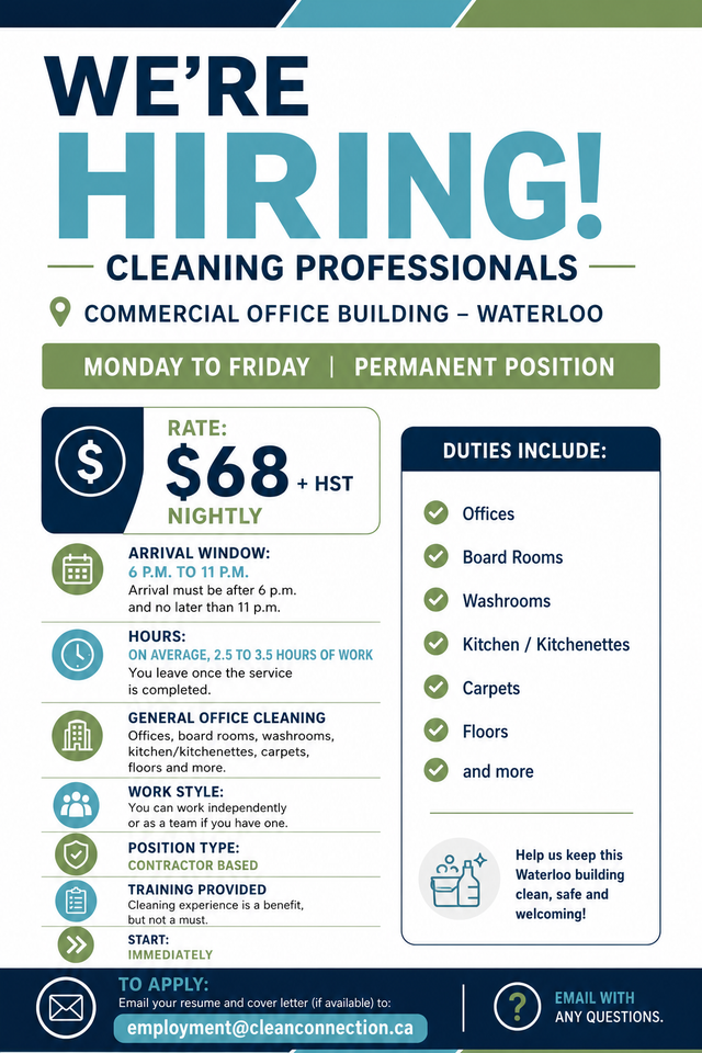 Were Hiring – Evening Cleaning Contractor (Waterloo)