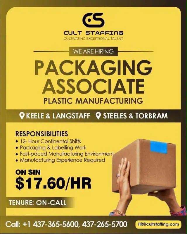 Packaging Associate – Plastic Manufacturing | $17.60/hr | On SIN