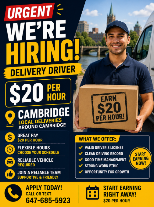 Warehouse Associate / Delivery Driver – $20/hr (Cambridge)