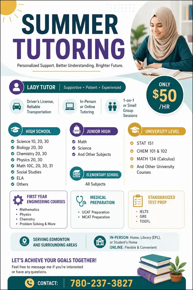 Lady tutor Edmonton & Sorrounding / online