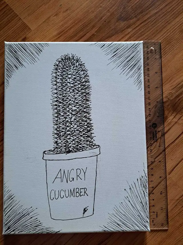 'angry cucumber' cactus pen on canvas