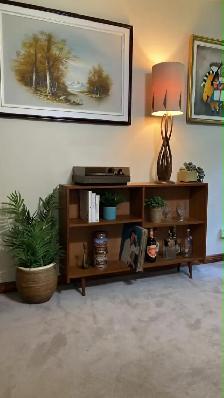 Mid century TEAK TECK. Bibliothèque, bar, table console disques