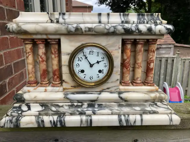 Waterbury Antique White Mantle Clock with Brass Dial Detail