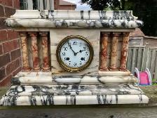 Waterbury Antique White Mantle Clock with Brass Dial Detail