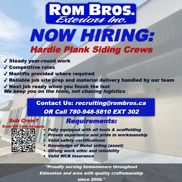 Now Hiring: Hardie Plank Siding Crews – Edmonton Area