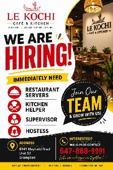 Servers ,supervisor,Kitchen helpers