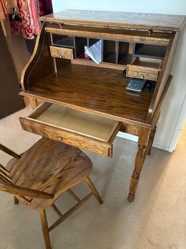 small oak roll top desk 24 x 34 chair included