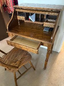 small oak roll top desk 24 x 34 chair included