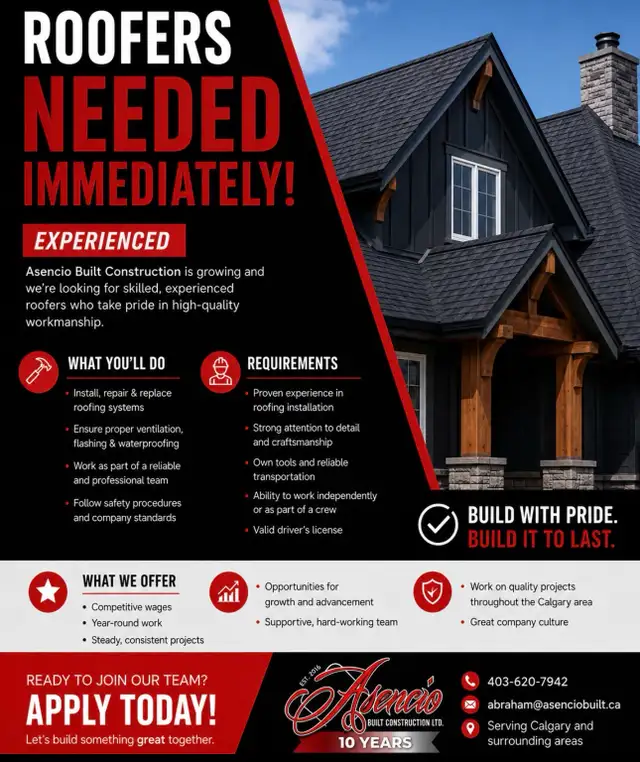 Experienced Roofers needed