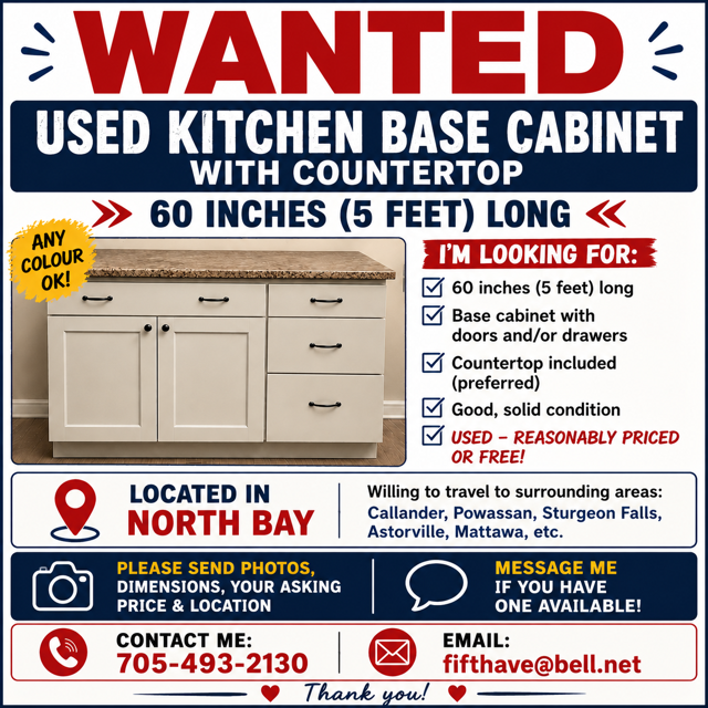 WANTED: Used 60" (5 ft.) kitchen base cabinet