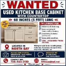 WANTED: Used 60" (5 ft.) kitchen base cabinet