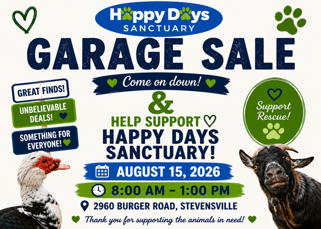 Happy Days Sanctuary Garage Sale Fundraiser Aug 15, 2026