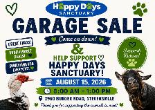 Happy Days Sanctuary Garage Sale Fundraiser Aug 15, 2026