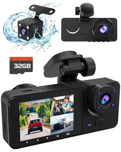 3 Channel 4K Dash Cam Front Rear Inside with 32GB SD Card