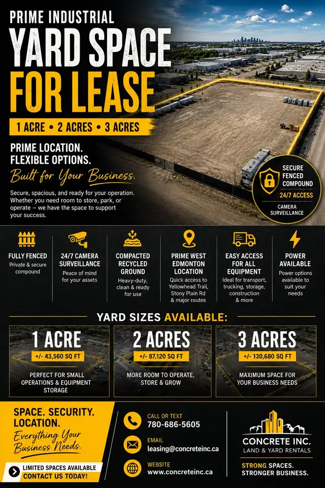 PRIME INDUSTRIAL YARD SPACE FOR LEASE – 1, 2 & 3 ACRES