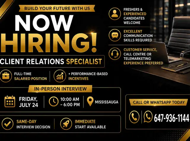 NOW HIRING CLIENT RELATIONS SPECIALIST- INTERVIEW TODAY