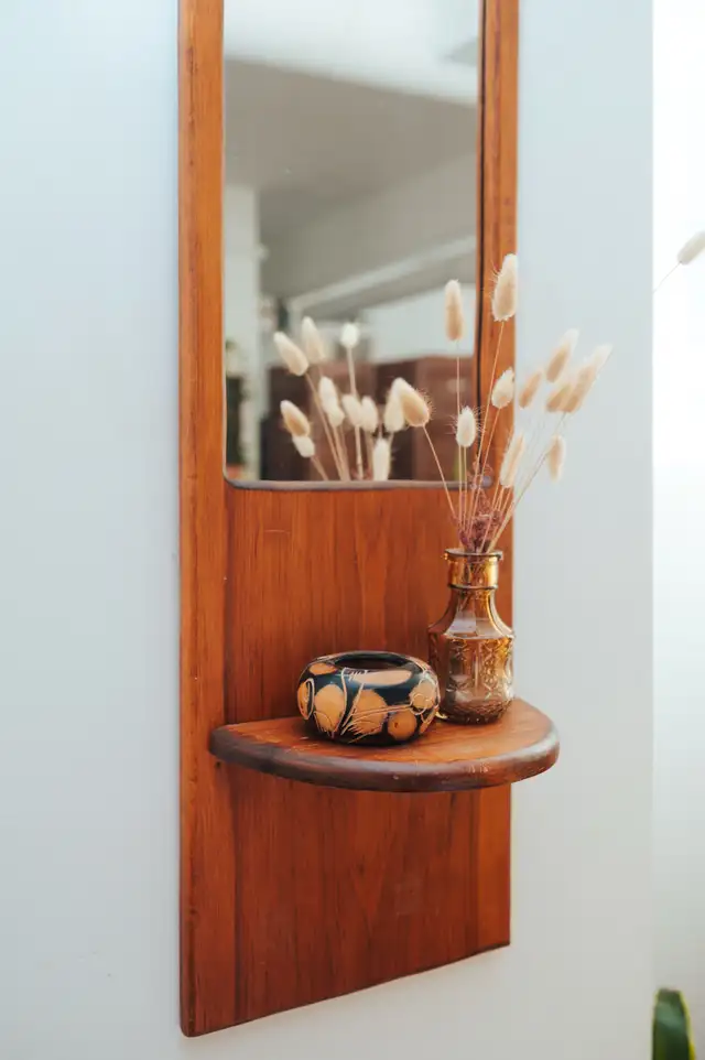 Mid-Century Entryway Mirror with Clock & Display Shelf