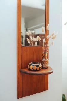 Mid-Century Entryway Mirror with Clock & Display Shelf