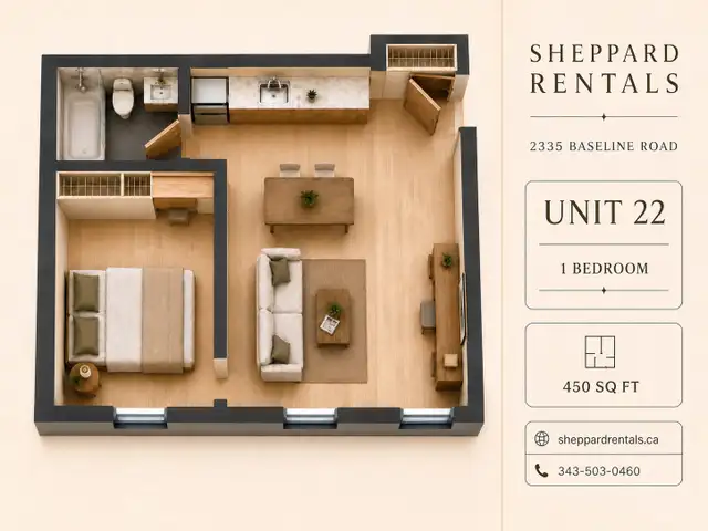 Furnished, all-inclusive 1-bedroom for rent