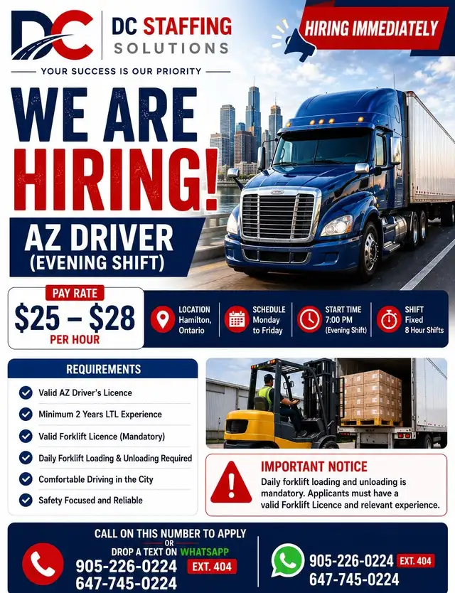 Hiring AZ Driver – Evening Shift | Hamilton, ON | $25–$28/hr