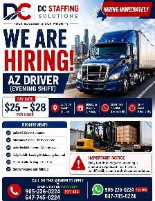 Hiring AZ Driver – Evening Shift | Hamilton, ON | $25–$28/hr