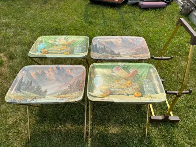Set of 4 Vinatge metal tv trays with stand $85