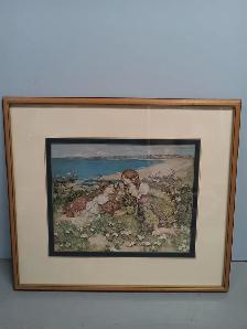 PICTURE OF 2 LADYS ON GRASS BY BEACH  IN BROWN FRAME