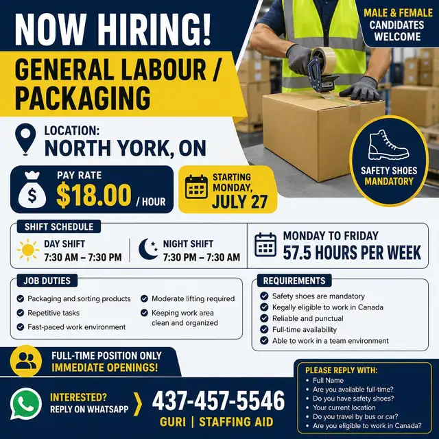 We are hiring in North york, Starting from Monday