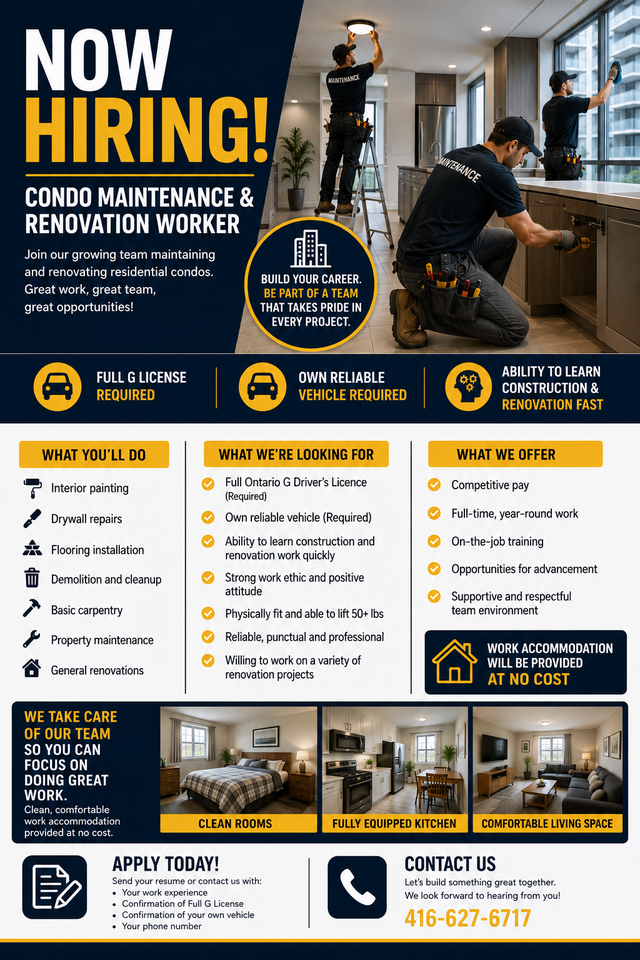 Condo Maintenance & Renovation Technician (Full-Time) – Free Acc