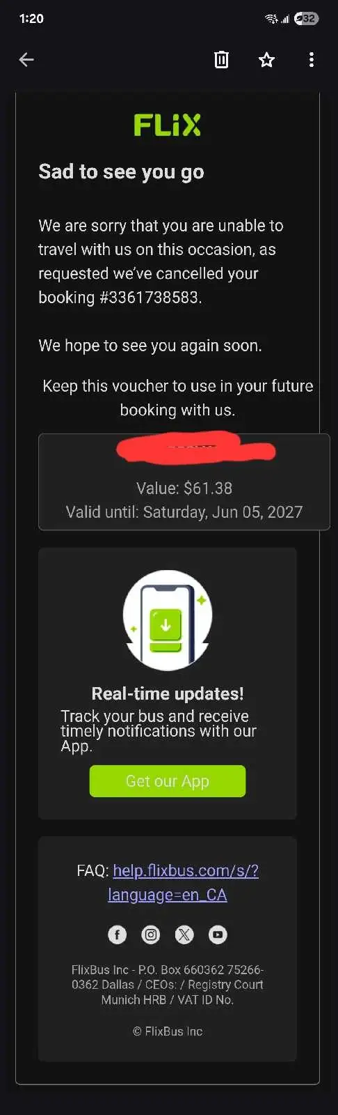 Flix Bus Voucher $61.38 Selling For $40Valid Until June 5 2027