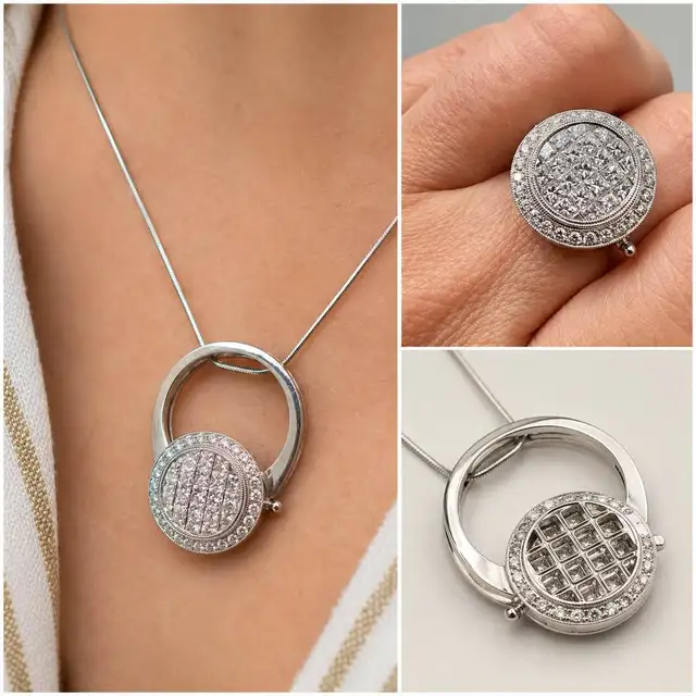 18 karat White Gold Transformer Ring/Pendant 1.20CTW  Diamonds