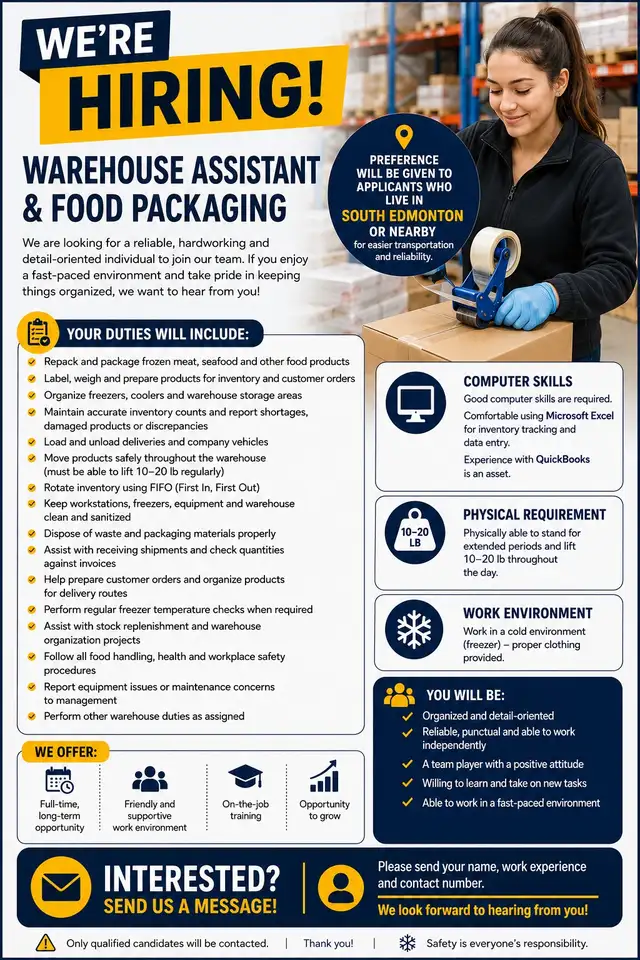 We’re Hiring – Warehouse Assistant / Food Packaging