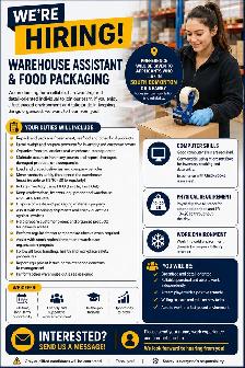 We’re Hiring – Warehouse Assistant / Food Packaging