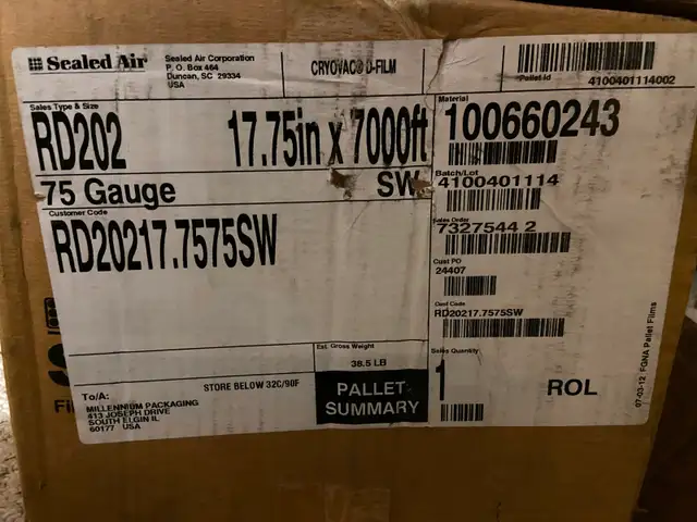 Cryovac D-Film RD202 Shrink Film Roll - 75 gauge 17.75' x 7000'
