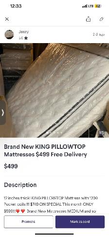Brand New KING PILLOWTOP Mattresses $499 Platform $99 - Photo 9